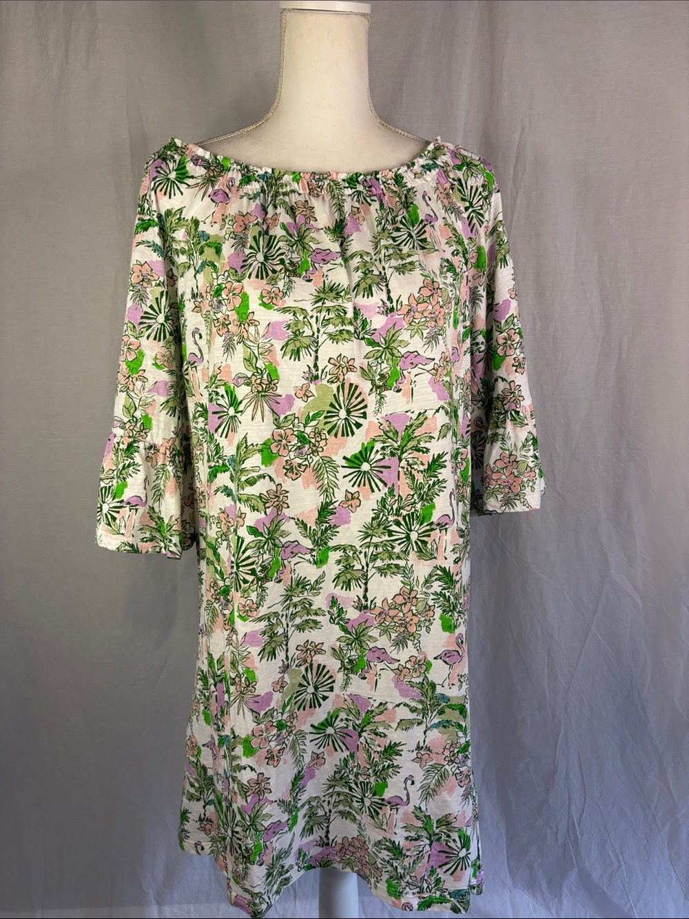 Stella Parker Tropical Off-Shoulder Shift Dress in Green & Pink (137)